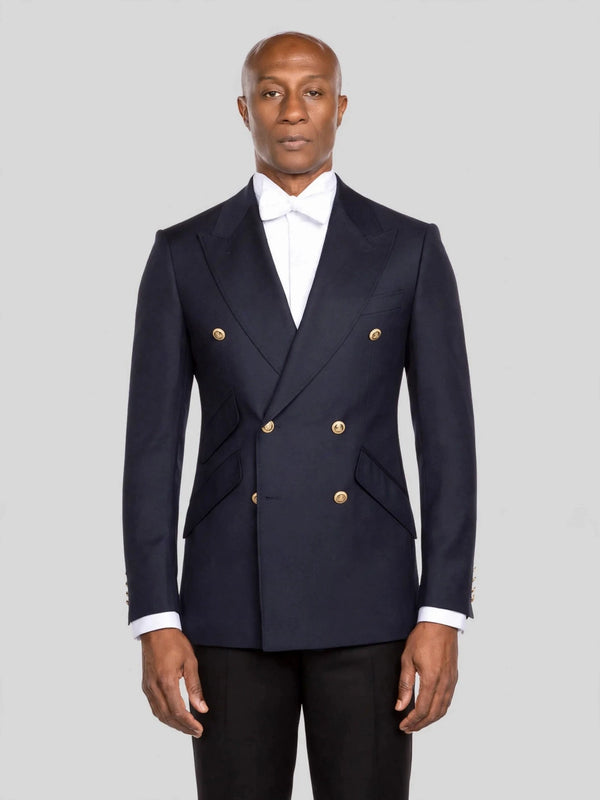 Midnight Navy Gold-Button Slant-Flap Peak-Lapel Double-Breasted Suit Jacket - cover