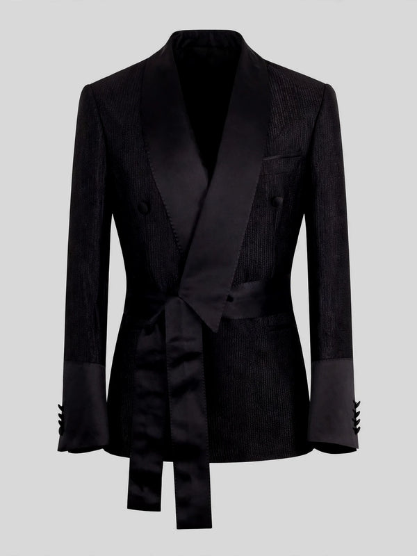 Onyx Ribbed-Weave Satin Shawl-Collar Sash-Belt Two-Button Double-Breasted Tuxedo Jacket 07