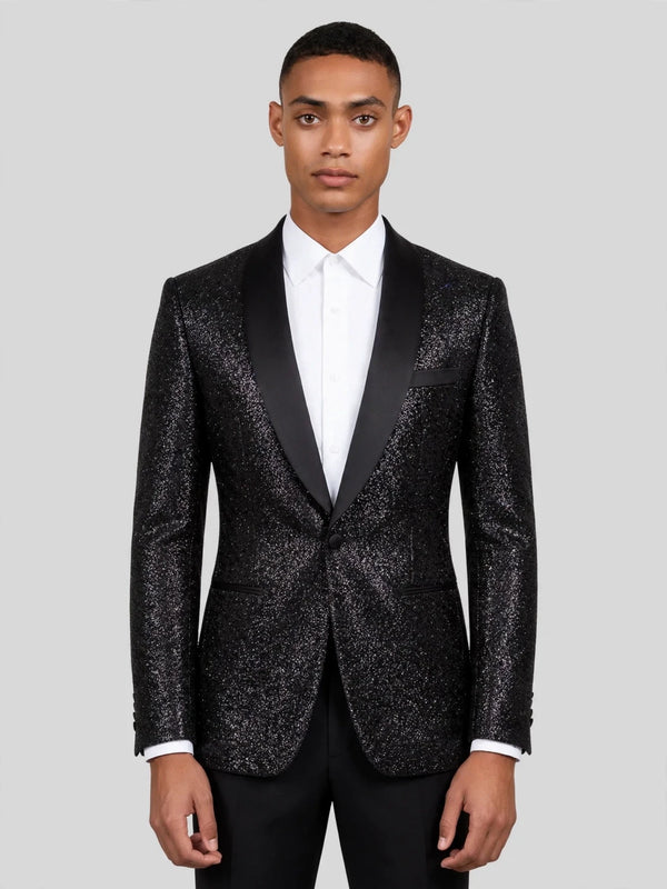 Onyx Silver-Glitter Satin Shawl-Collar Tuxedo Jacket 01