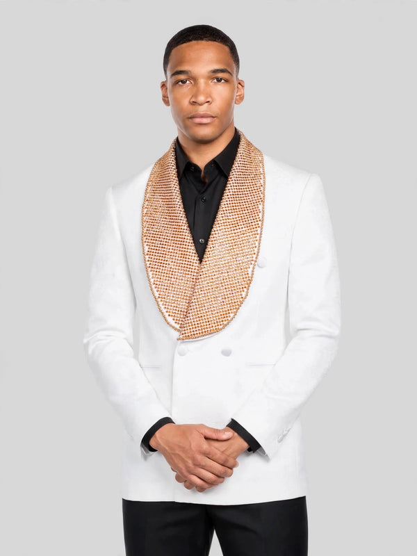 Ivory Gold Crystal-Mesh Shawl-Collar Double-Breasted Tuxedo Jacket 04