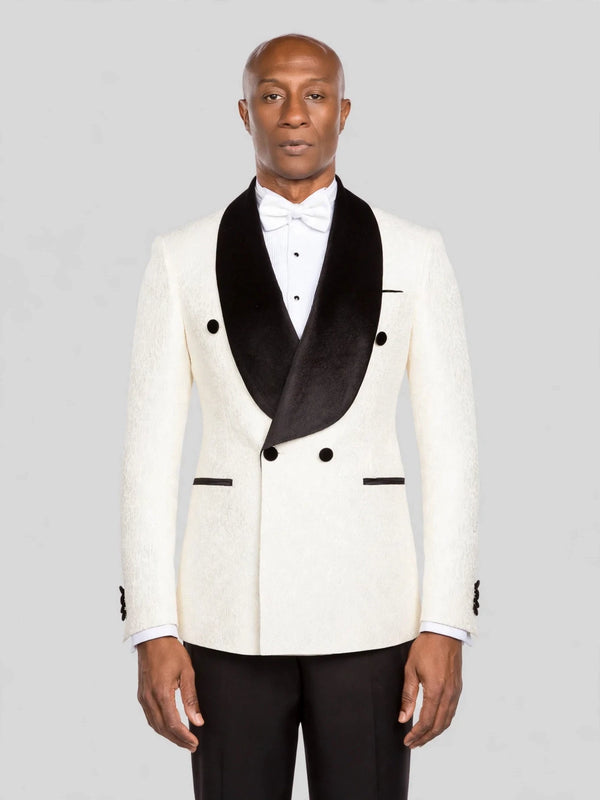 Ivory Grain-Jacquard Black Velvet Shawl-Collar Double-Breasted Tuxedo Jacket - cover
