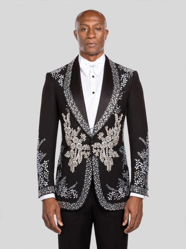 Onyx Silver Crystal Bouquet Shawl-Collar Tuxedo Jacket - cover
