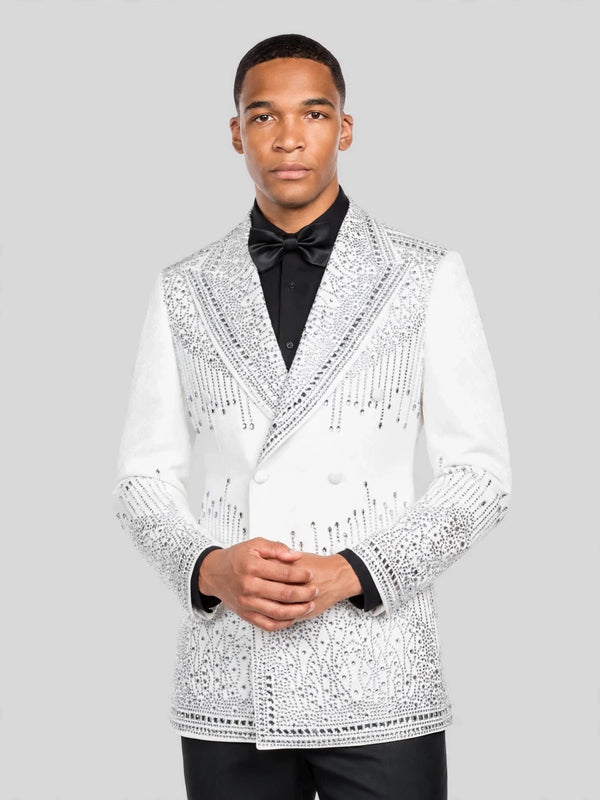 Ivory Silver Crystal Drip Peak-Lapel Double-Breasted Tuxedo Jacket 06