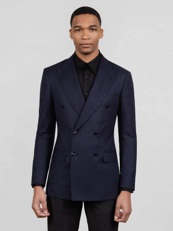 Deep Midnight Navy Pinstripe Six-Button Peak-Lapel Double-Breasted Suit Jacket 04