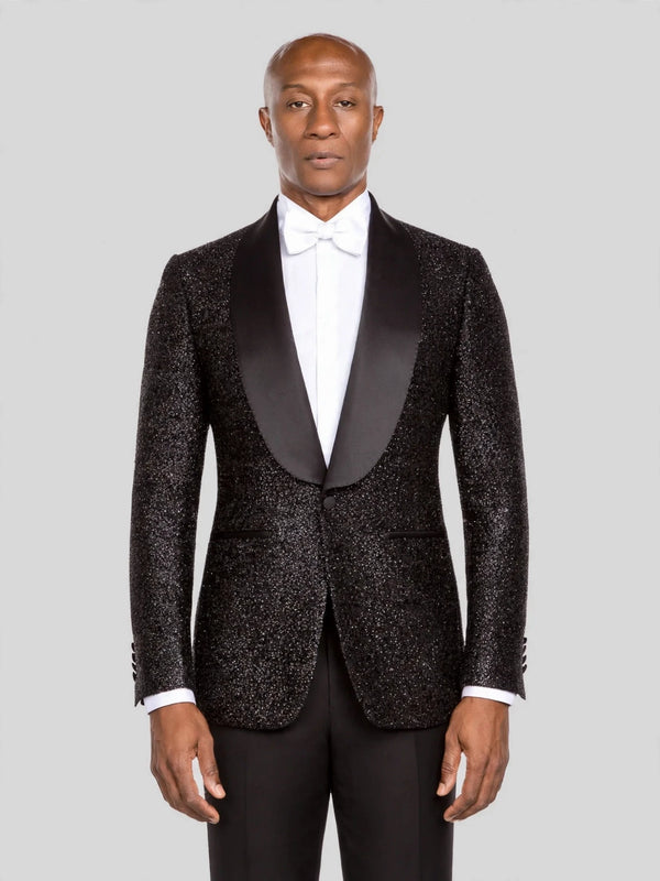 Onyx Glitter-Tweed Satin Shawl-Collar Single-Button Tuxedo Jacket - cover