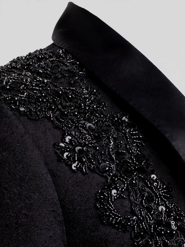 Onyx Jet Beaded Diagonal Shawl-Collar Tuxedo Jacket 08