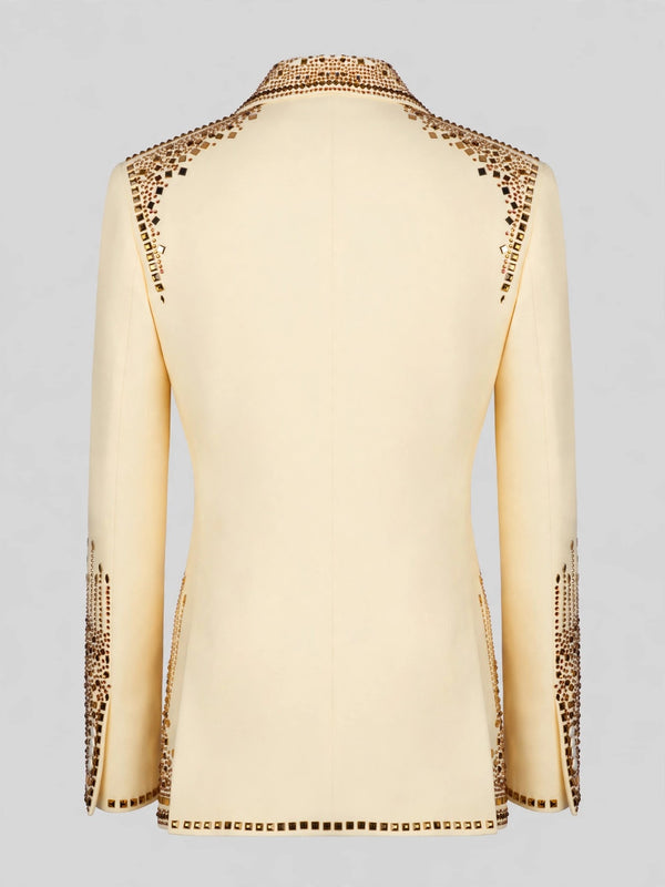 Cream Gold Crystal Cascade Peak-Lapel Double-Breasted Tuxedo Jacket 09