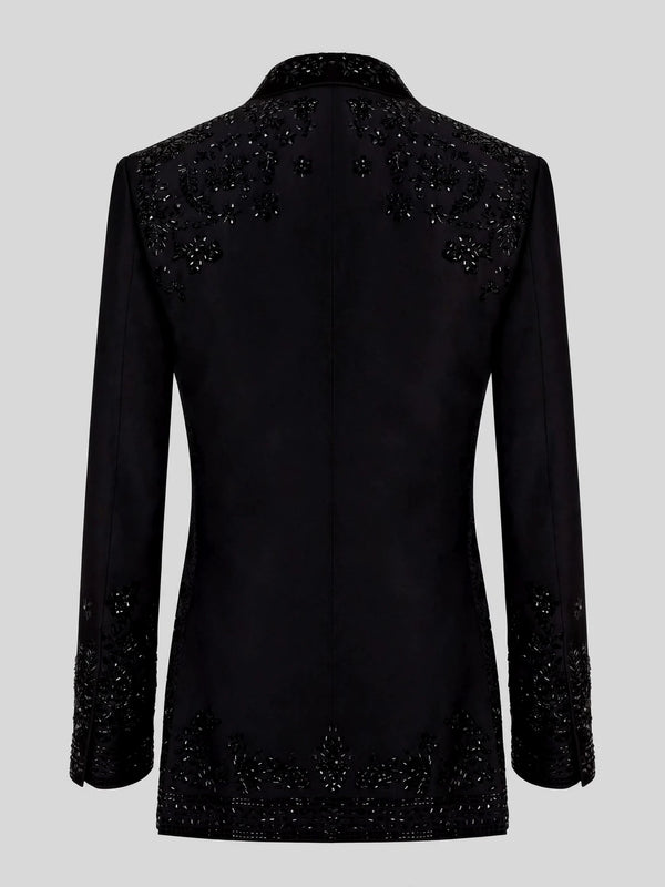 Onyx Jet Beaded Floral-Scroll Shawl-Collar Tuxedo Jacket 09