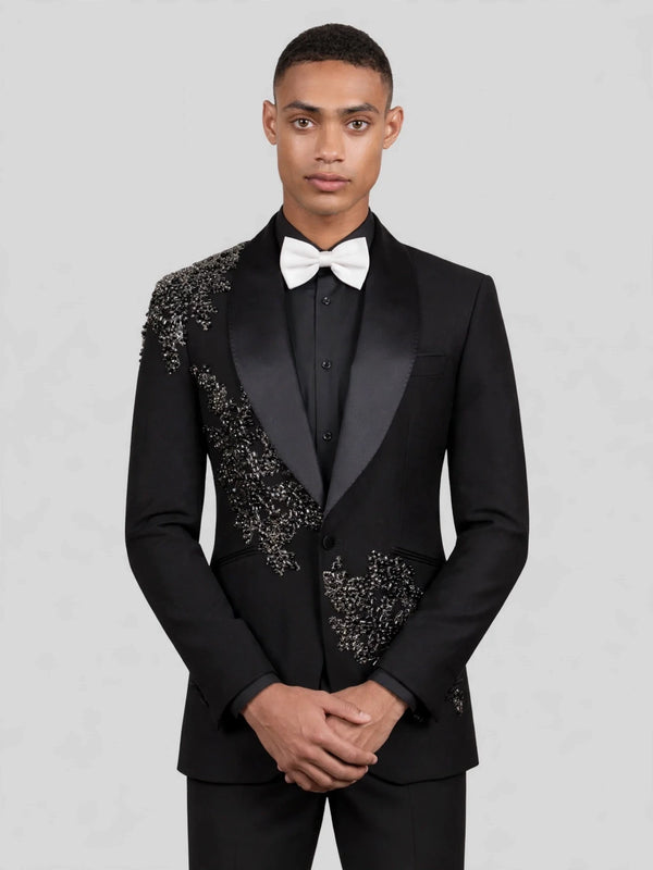 Onyx Silver Bead-Scatter Shawl-Collar Tuxedo Jacket 05