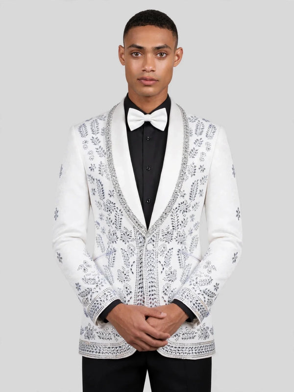 Ivory Silver Crystal Floral Shawl-Collar Tuxedo Jacket 05