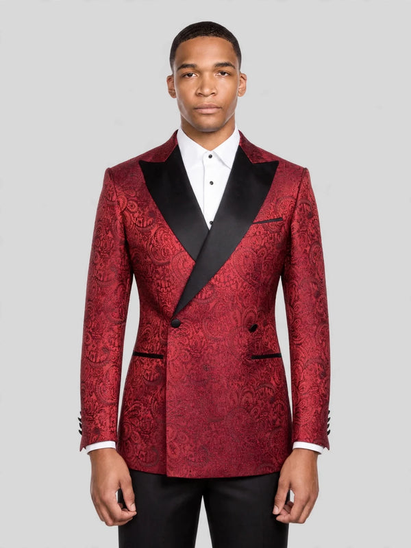 Crimson Paisley-Jacquard Satin Peak-Lapel Two-Button Double-Breasted Tuxedo Jacket 01