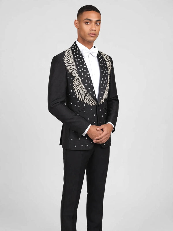 Onyx Silver Crystal Feather-Frond Shawl-Collar Tuxedo Jacket 03