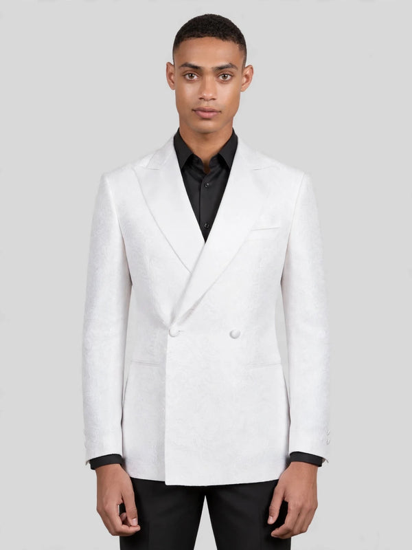 Snow White Paisley-Jacquard Satin Peak-Lapel Two-Button Double-Breasted Tuxedo Jacket 04