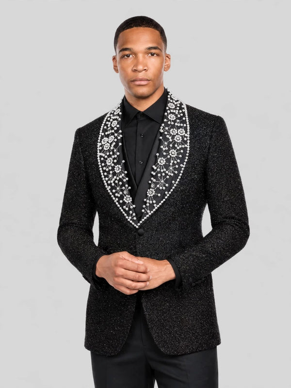 Onyx Silver Pearl-Floral Shawl-Collar Tuxedo Jacket 04