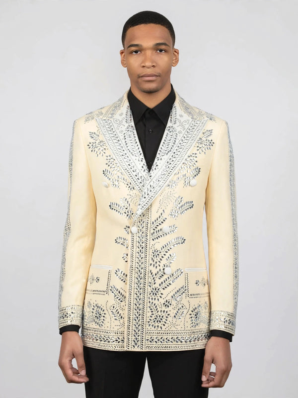 Cream Silver Mirror-Leaf Peak-Lapel Double-Breasted Tuxedo Jacket 04