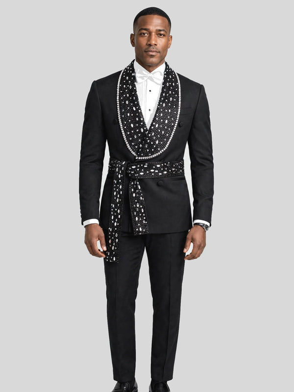 Onyx Silver Crystal Belted Shawl-Collar Double-Breasted Tuxedo Jacket - cover