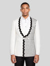 Ivory Jet Floral-Grid Scalloped Shawl-Collar Double-Breasted Tuxedo Jacket 01