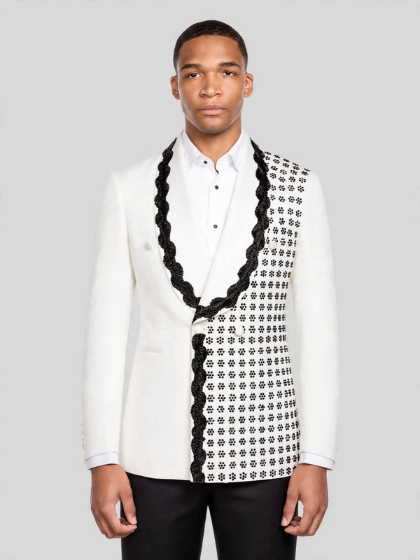 Ivory Jet Floral-Grid Scalloped Shawl-Collar Double-Breasted Tuxedo Jacket 01