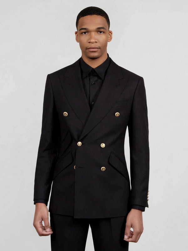 Onyx Gold-Button Slant-Flap Peak-Lapel Double-Breasted Suit Jacket 04