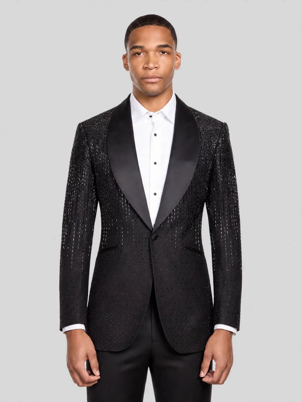 Onyx Silver Rain-Dot Shawl-Collar Tuxedo Jacket 01