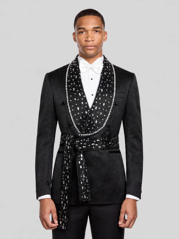 Onyx Silver Crystal Belted Shawl-Collar Double-Breasted Tuxedo Jacket 03