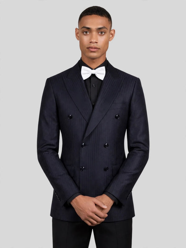 Midnight Navy Shadow-Stripe Peak-Lapel Double-Breasted Suit Jacket 05