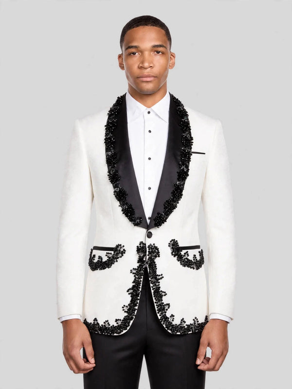 Ivory Jet Beaded-Edge Shawl-Collar Tuxedo Jacket 01