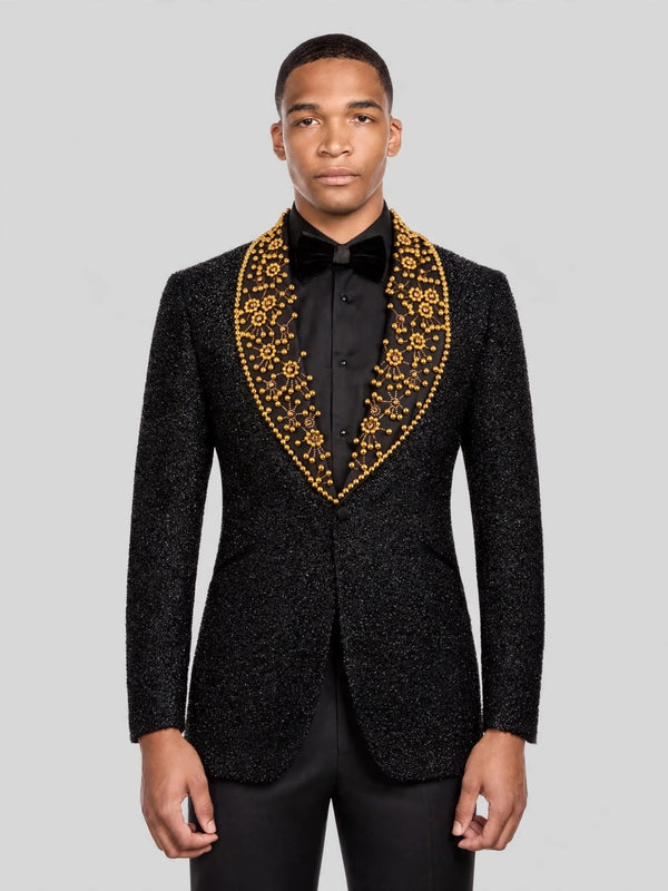 Onyx Gold Pearl-Floral Shawl-Collar Tuxedo Jacket 06