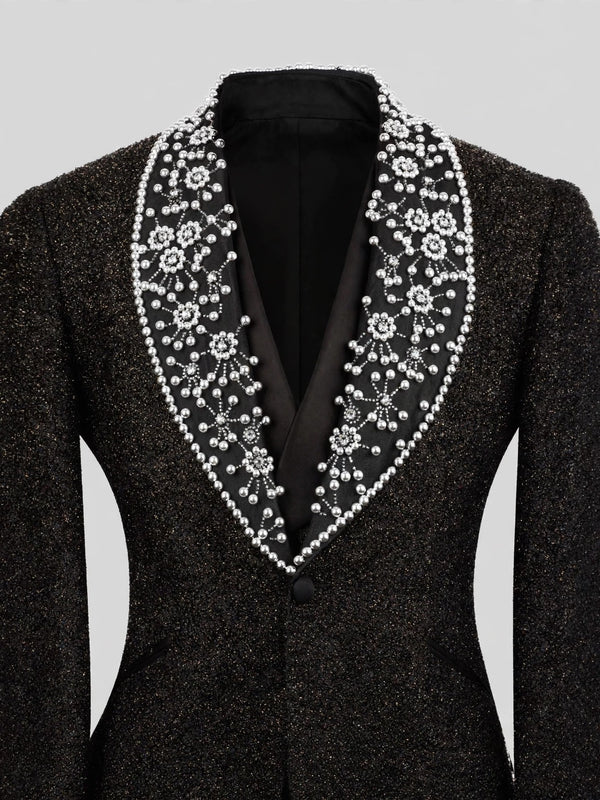 Onyx Silver Pearl-Floral Shawl-Collar Tuxedo Jacket 08