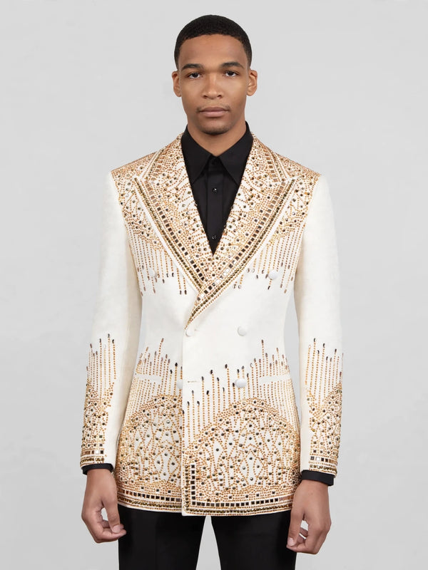Ivory Champagne Mirror-Stud Crystal Cascade Peak-Lapel Double-Breasted Tuxedo Jacket 04
