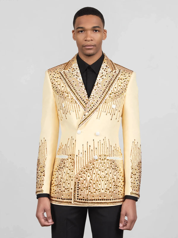 Cream Gold Crystal Cascade Peak-Lapel Double-Breasted Tuxedo Jacket 04