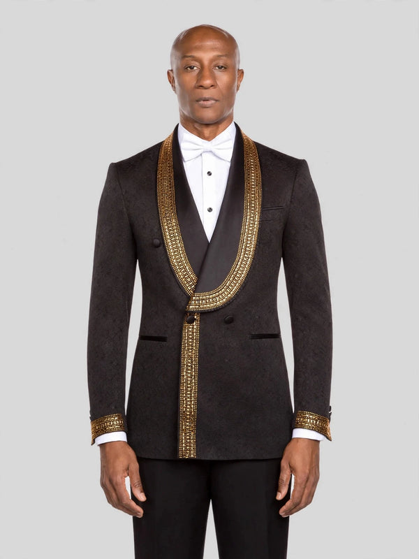 Onyx Gold Beaded-Grid Shawl-Collar Double-Breasted Tuxedo Jacket - cover