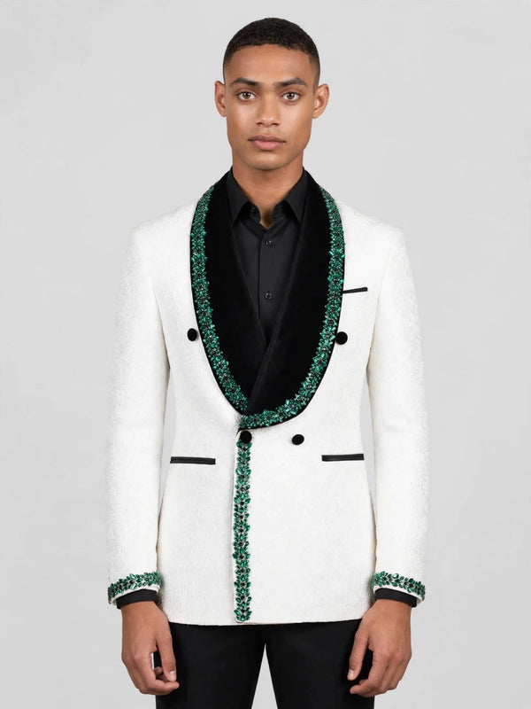 Ivory Emerald Crystal-Trim Black Shawl-Collar Double-Breasted Tuxedo Jacket 04