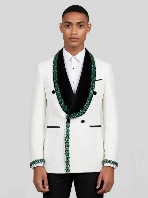 Ivory Emerald Crystal-Trim Black Shawl-Collar Double-Breasted Tuxedo Jacket 01