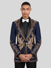 Midnight Navy Gold Crystal Floral Shawl-Collar Tuxedo Jacket 05
