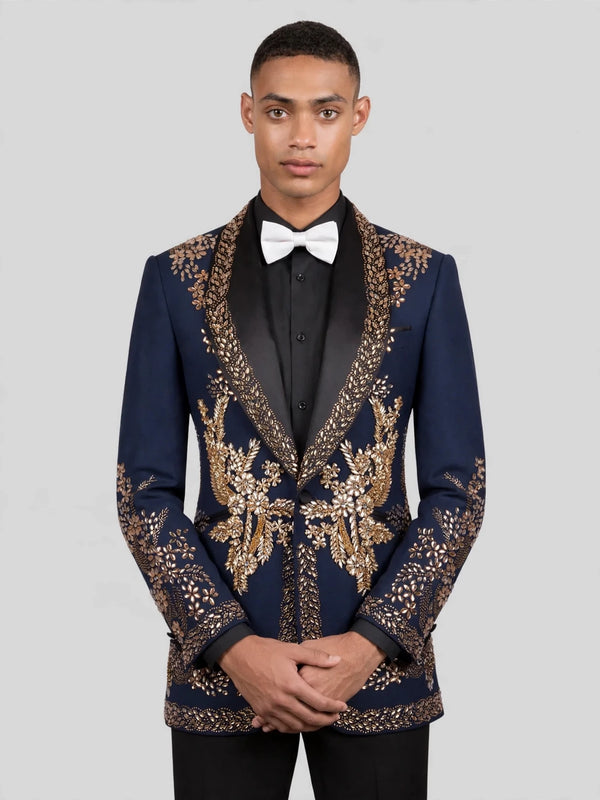 Midnight Navy Gold Crystal Floral Shawl-Collar Tuxedo Jacket 05