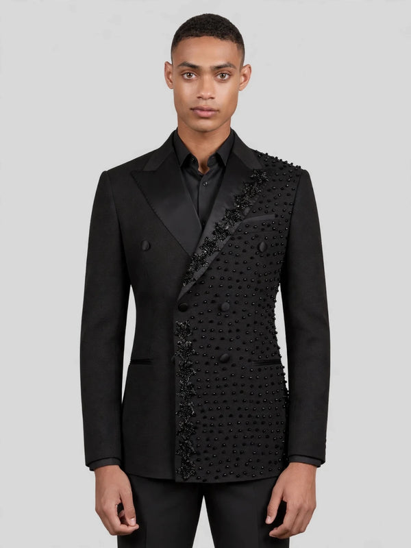 Onyx Jet Half-Bead Diagonal Peak-Lapel Double-Breasted Tuxedo Jacket 04