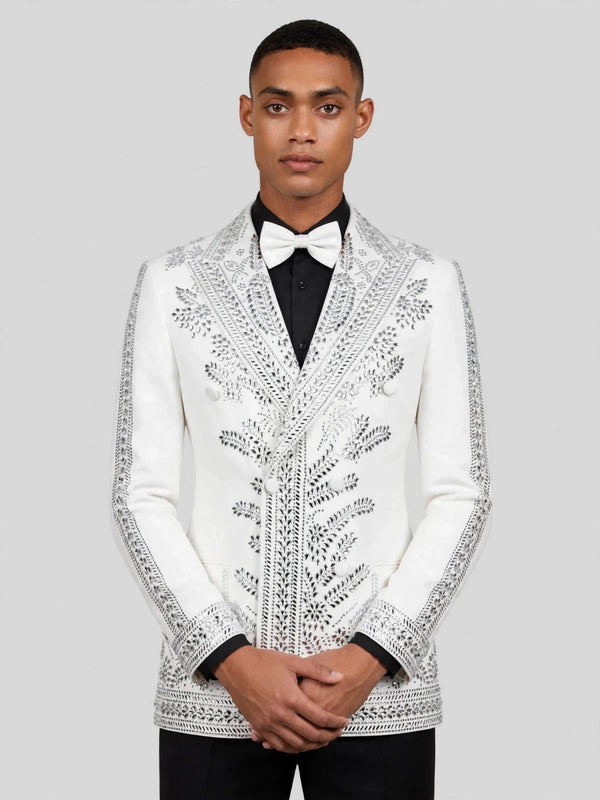 Ivory Silver Fern Crystal Peak-Lapel Double-Breasted Tuxedo Jacket 05