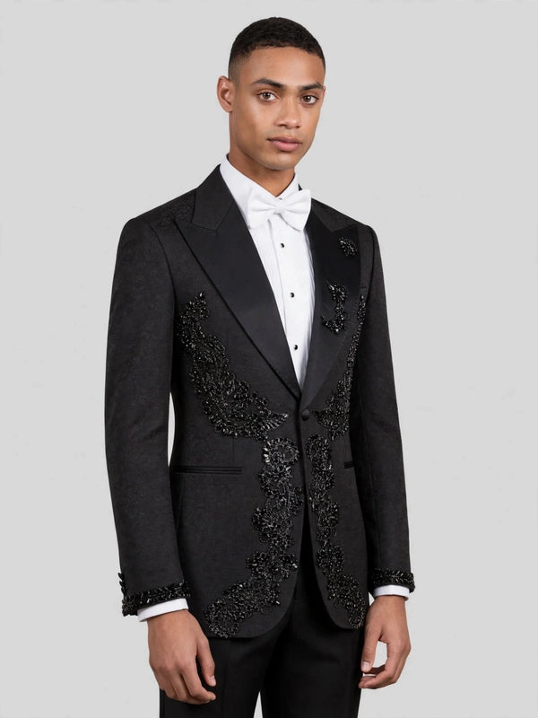 Onyx Jet Lace-Motif Peak-Lapel Tuxedo Jacket 03