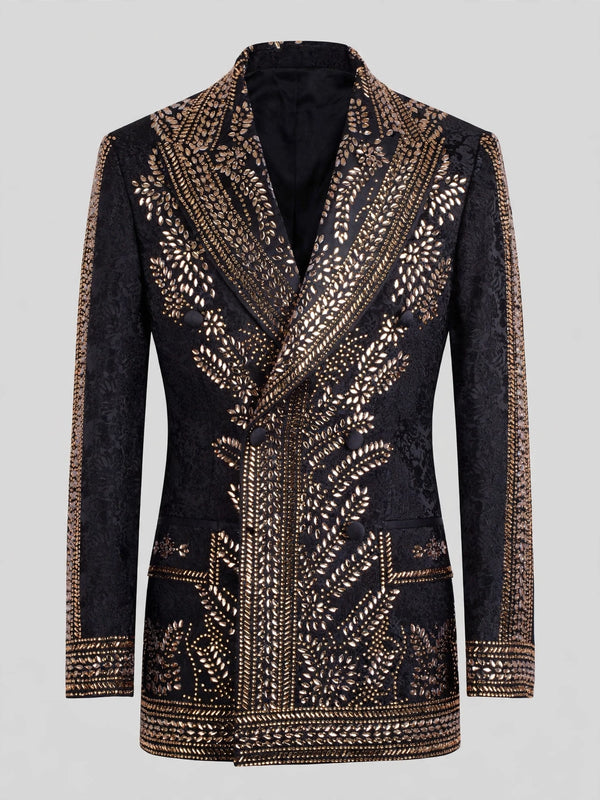Onyx Gold Fern Crystal Peak-Lapel Double-Breasted Tuxedo Jacket 07