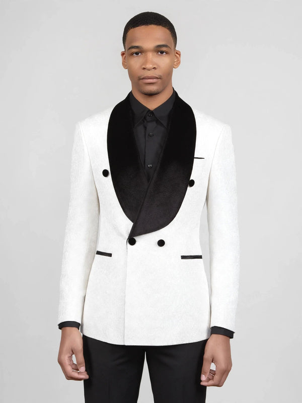 Ivory Black Velvet Shawl-Collar Double-Breasted Tuxedo Jacket 04