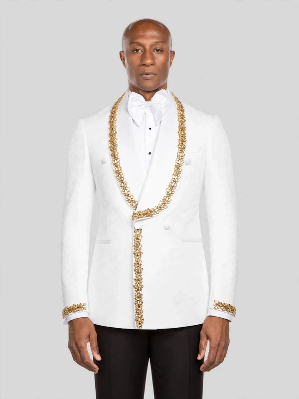 Ivory Gold Crystal-Trim Shawl-Collar Double-Breasted Tuxedo Jacket - cover