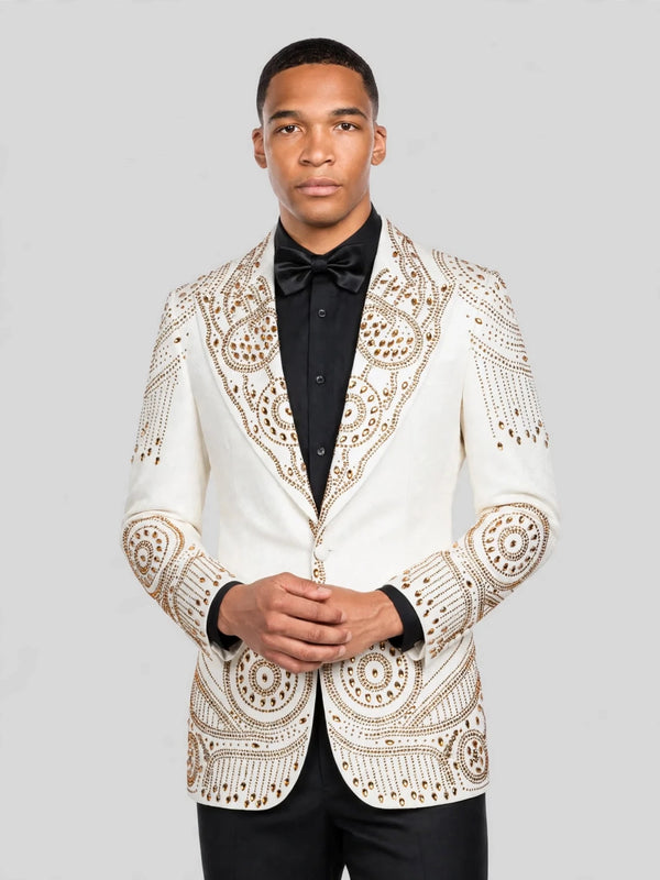 Ivory Gold Crystal Medallion Peak-Lapel Tuxedo Jacket 06