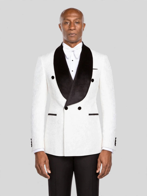 Ivory Black Velvet Shawl-Collar Double-Breasted Tuxedo Jacket - cover