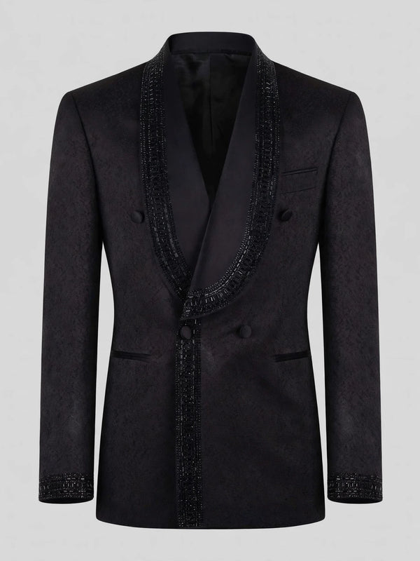 Onyx Jet Beaded-Trim Shawl-Collar Double-Breasted Tuxedo Jacket 07