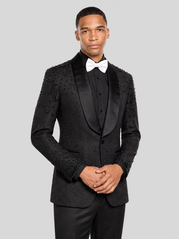 Onyx Jet Bead-Scatter Satin Shawl-Collar Tuxedo Jacket 05