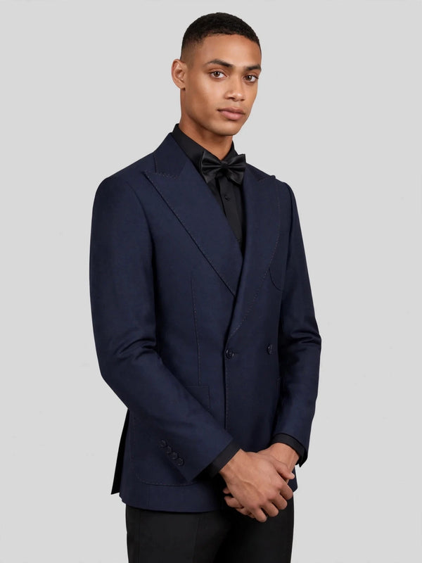 Midnight Navy Patch-Pocket Pick-Stitch Peak-Lapel Double-Breasted Tuxedo Jacket 06