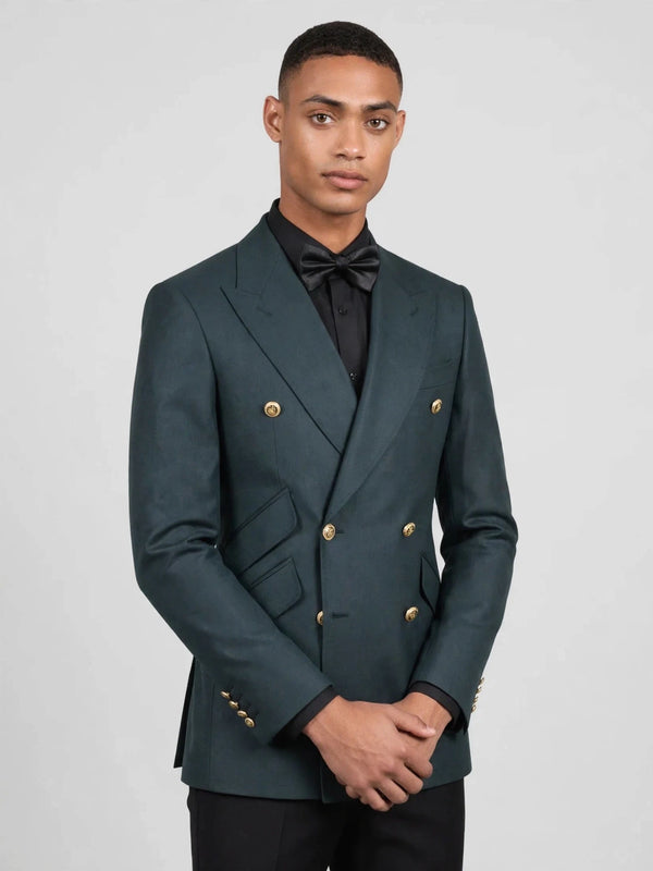 Slate Teal Gold-Button Slant-Flap Peak-Lapel Double-Breasted Suit Jacket 06