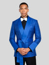 Royal Blue Ribbed-Weave Satin Shawl-Collar Sash-Belt Two-Button Double-Breasted Tuxedo Jacket 05