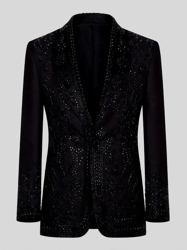 Onyx Jet Beaded Floral-Scroll Shawl-Collar Tuxedo Jacket 07